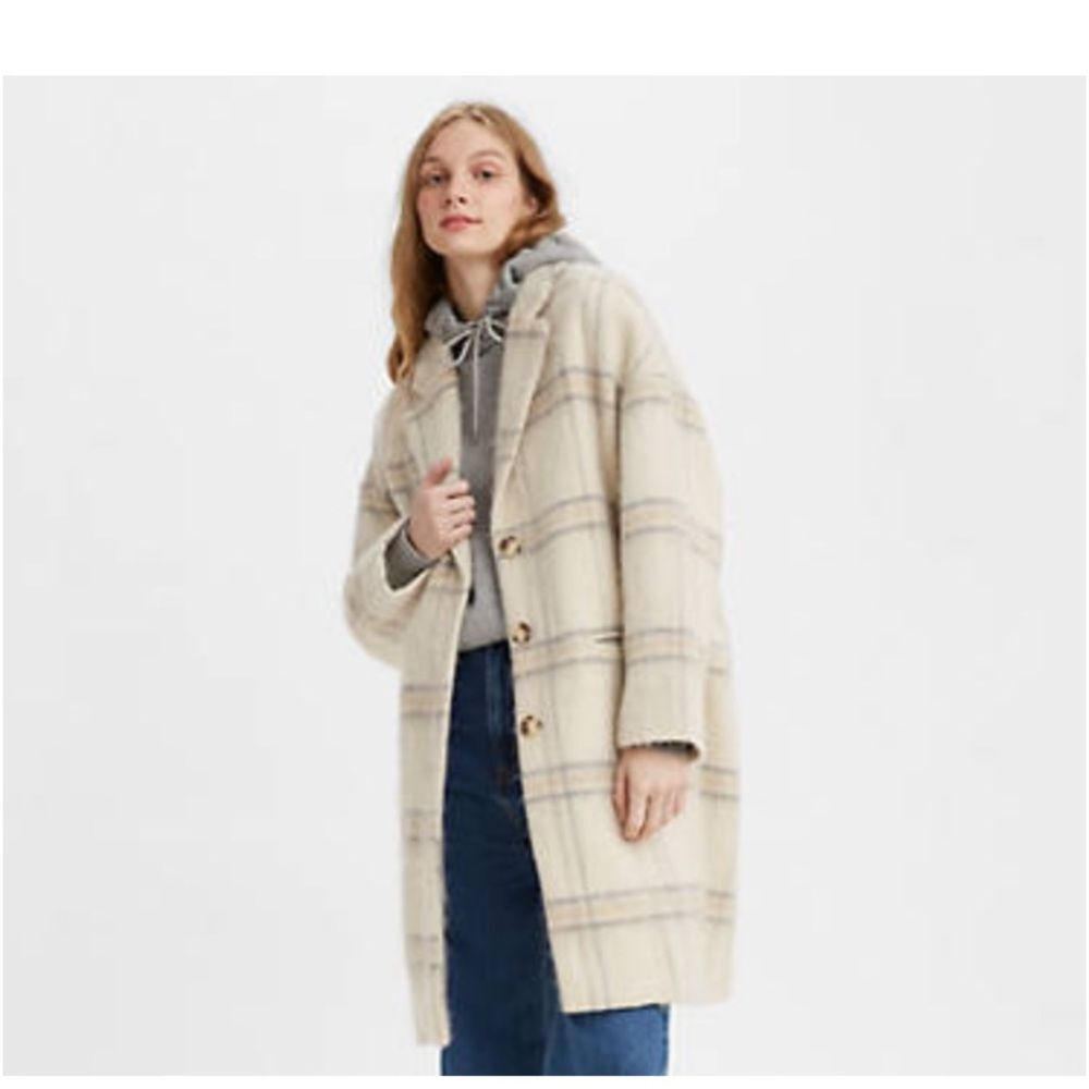 Levi's Plaid Wool Cocoon Coat Womens Sz L NWT Houndstooth Oversized Jacket Cream